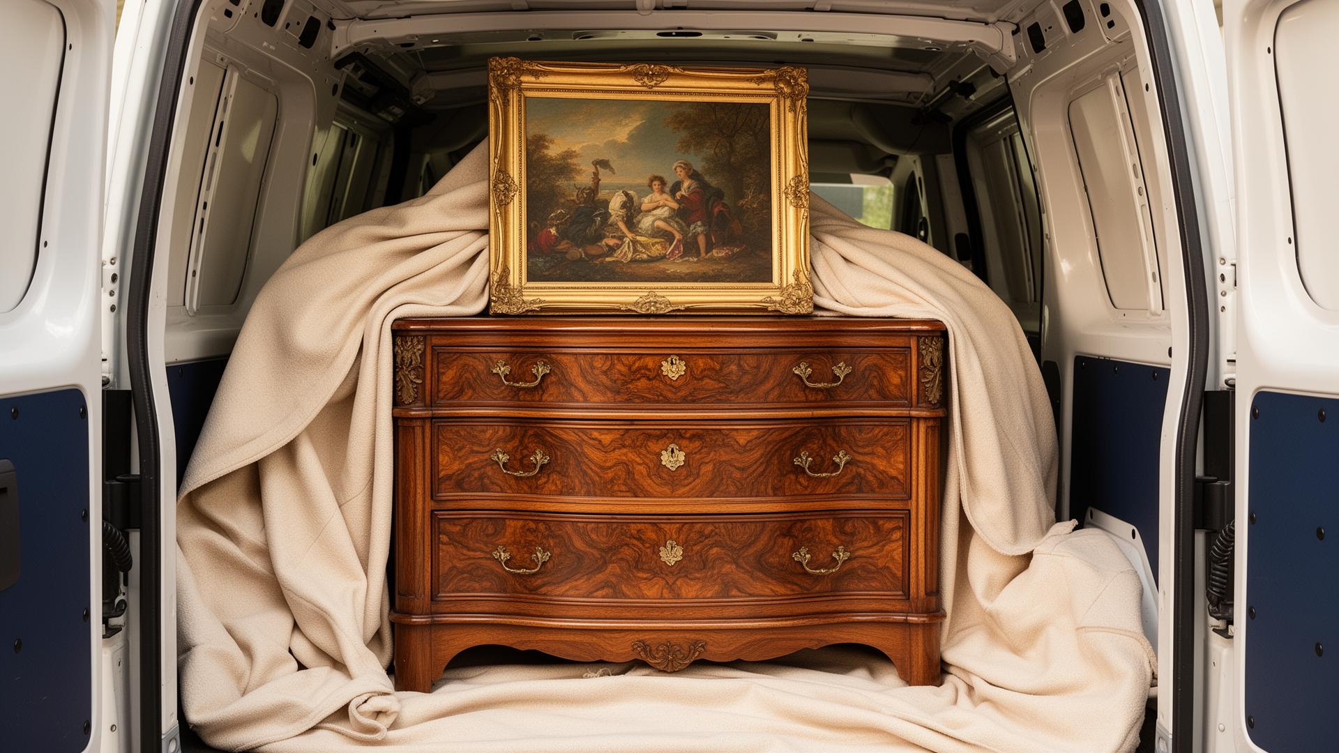 Antique walnut chest and gilt-framed painting being carefully wrapped in moving blankets
