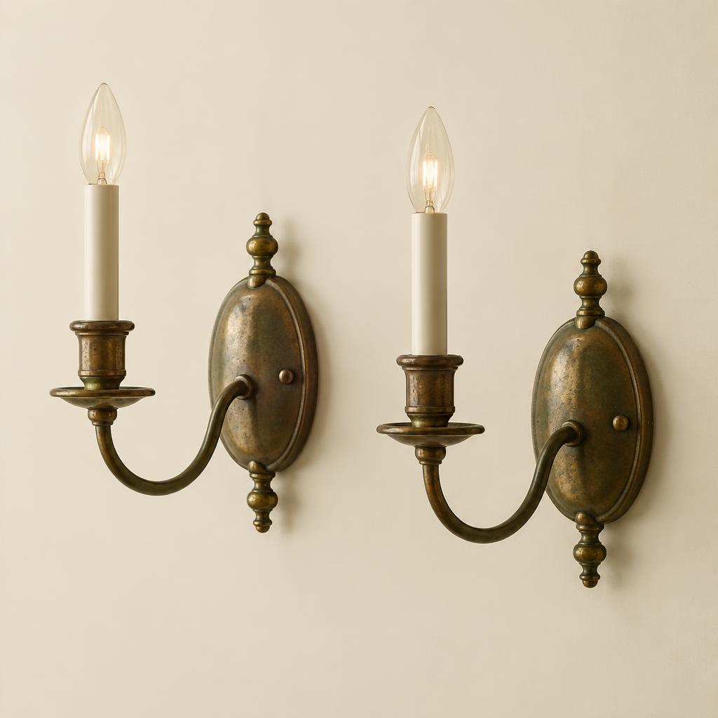 Pair of antique brass wall sconces with aged patina