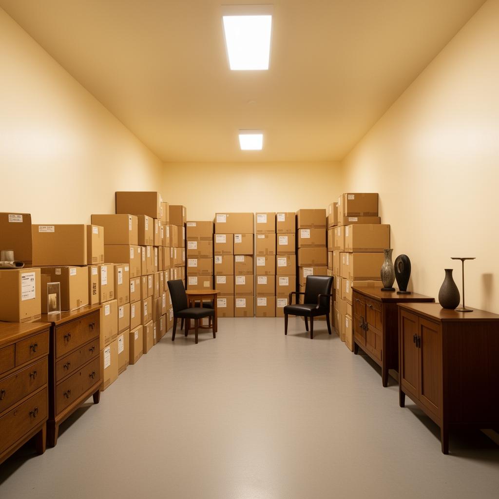 Tidy storage facility with labelled boxes and furniture